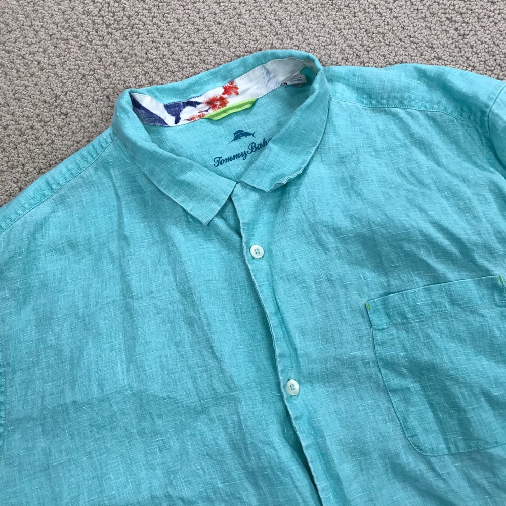 Tommy Bahama Mens XXL Aqua Blue 100% Linen Short Sleeve Button Up Camp Shirt